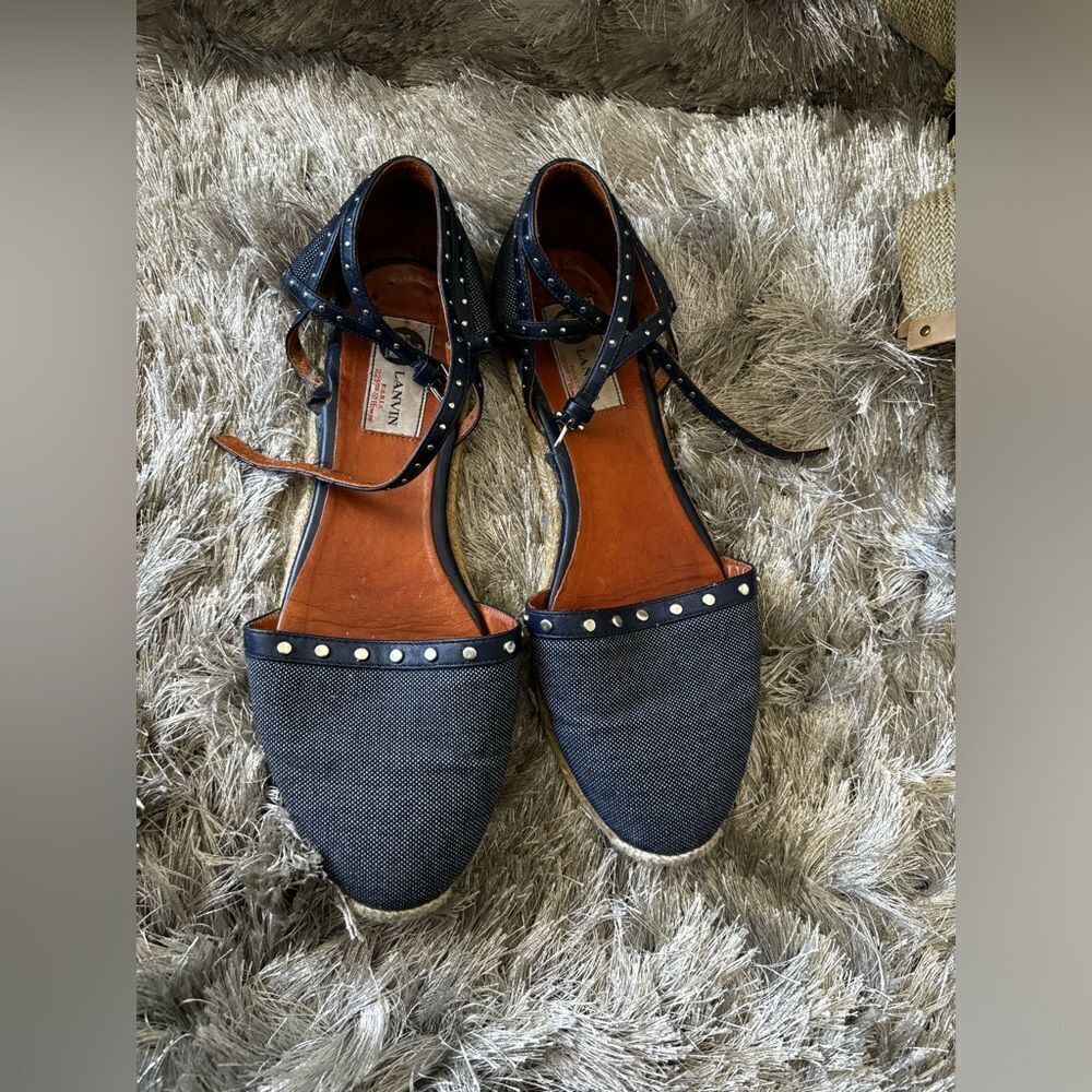 Lanvin flat espadrille denim wedge flats studded shoes strappy sandals jean